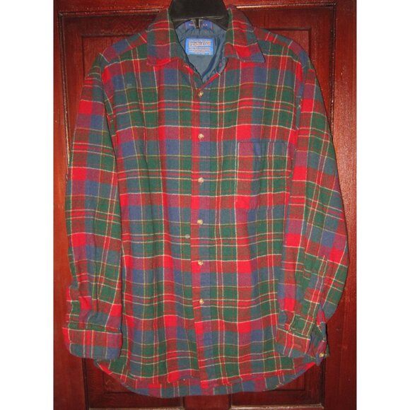 Pendleton Vintage L Button Shirt Top 100% Wool Flannel Plaid Red Green USA Warm - Picture 1 of 3